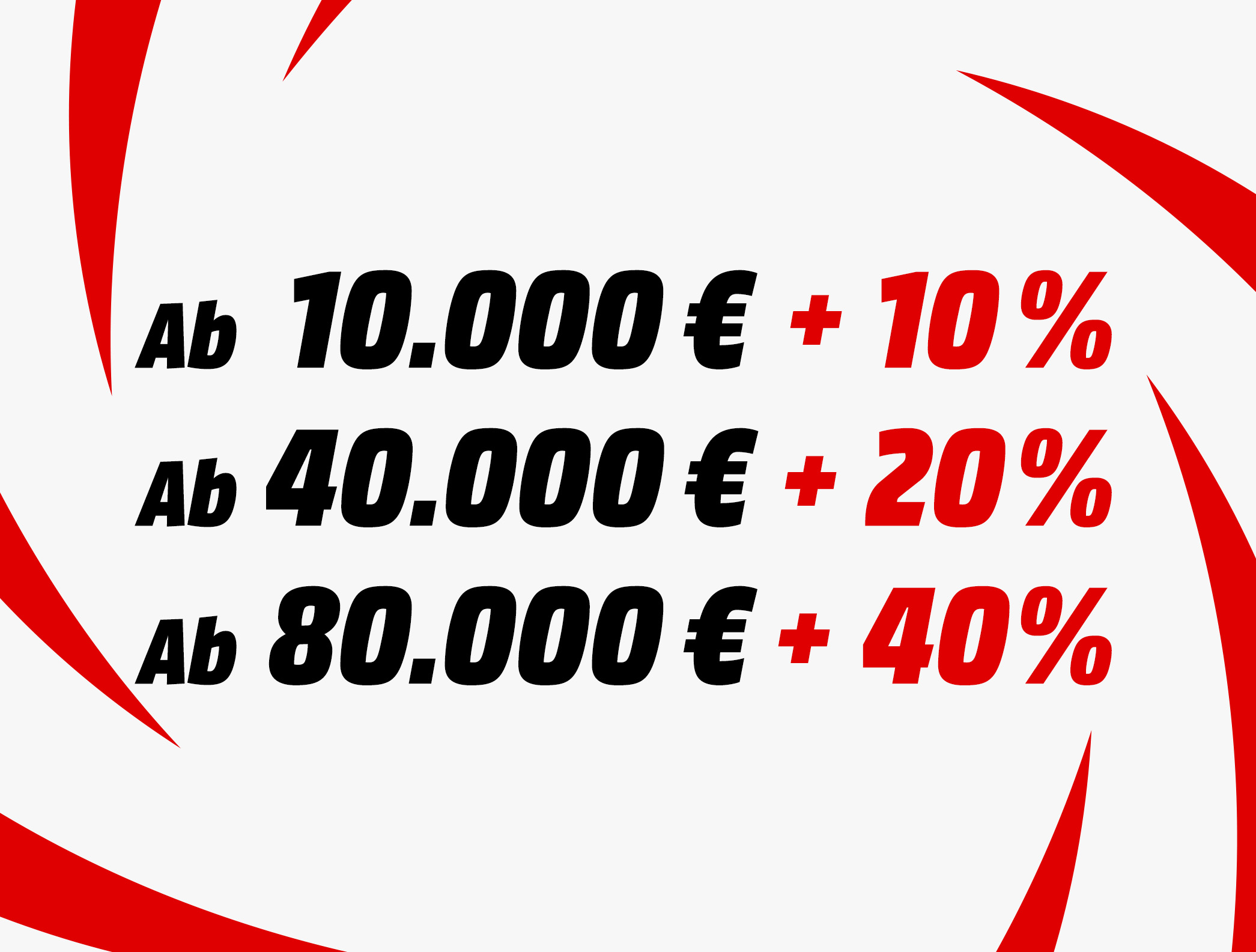 Tabelle mit folgenden Zahlen: Ab 10.000 € + 10%; Ab 40.000 € + 20%; Ab 80.000 € + 40%